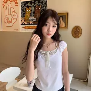 Áo thun ngắn tay kẻ sọc phong cách Hàn Quốc giả hai mảnh có dây buộc giả dành cho nữ mùa xuân hè ngọt ngào Slim-fit S