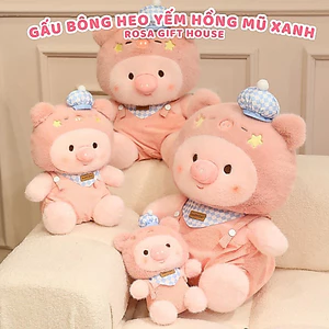 Gấu Bông Heo Hồng Yếm Xanh Đội Mũ Nhiều Size – Heo Bông Cao Cấp Mềm Mịn Ôm Ngủ Cực Êm