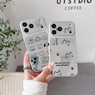 Ốp Gương Trang Điểm Black Line Puppy & Cat Paw Cho Samsung Galaxy S26 S25 Edge S24 S23 S22 S21 Plus FE Note 20 Ultra 5G 4G Dễ Thương Chó Hoạt Hình Bé Gái Vỏ Mềm Mờ