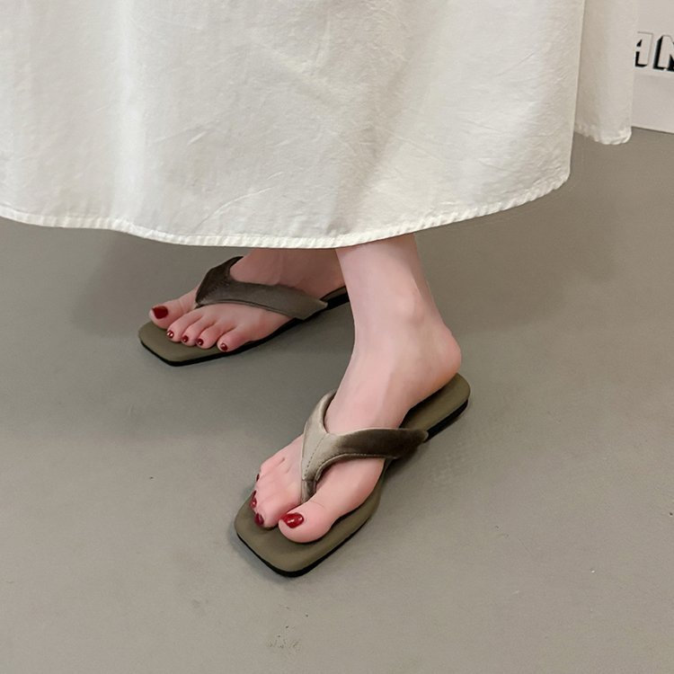 Mũi vuông mùa hè Thời trang Flip-Toe Bên ngoài Dép màu trơn PU Nữ Chống trượt Trượt Chống mài mòn @