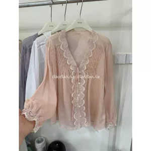 Áo sơ mi vải lanh Cotton cổ chữ v giảm tuổi cho nữ Áo sơ mi dài tay mùa xuân hè khí chất chống nắng hàng đầu mỏng