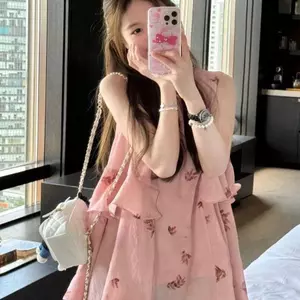 Phong cách lười biếng cay ngọt ngào Cô gái ngọt ngào Không khí Váy không tay in hình thời trang Nữ Mùa hè Phong cách mới Tình yêu đầu tiên Váy cổ tích sang trọng