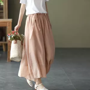 Mùa hè Retro Thanh lịch hai lớp Vải lanh lụa Culottes Nữ Thắt lưng thun Quần ống rộng dáng rộng cỡ lớn Cl