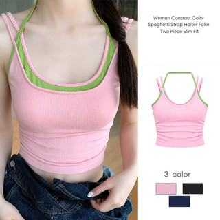 Áo hai mảnh giả cổ yếm phối màu tương phản dành cho nữ, kiểu dáng ôm sát, thích hợp cho mùa hè.