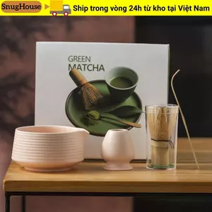 SNUGHOUSE 4 Máy đánh trứng Matcha Nhật Bản, Bộ trà Matcha truyền thống bằng gốm tre, Bộ trà thìa cà phê có thể tái sử dụng Dụng cụ làm trà