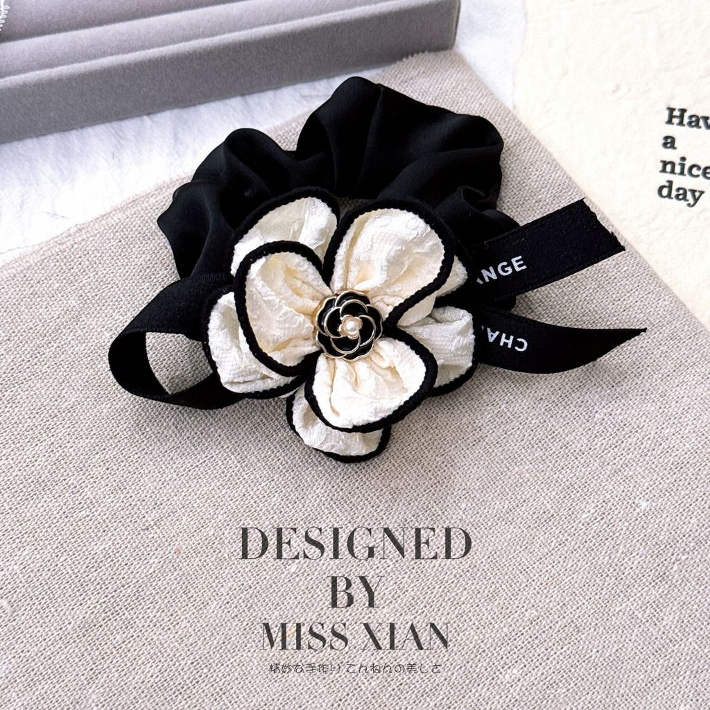Vòng tóc to cổ điển hoa trà đen trắng phong tiểu hương dây buộc tóc thời trang cột đuôi ngựa nữ
