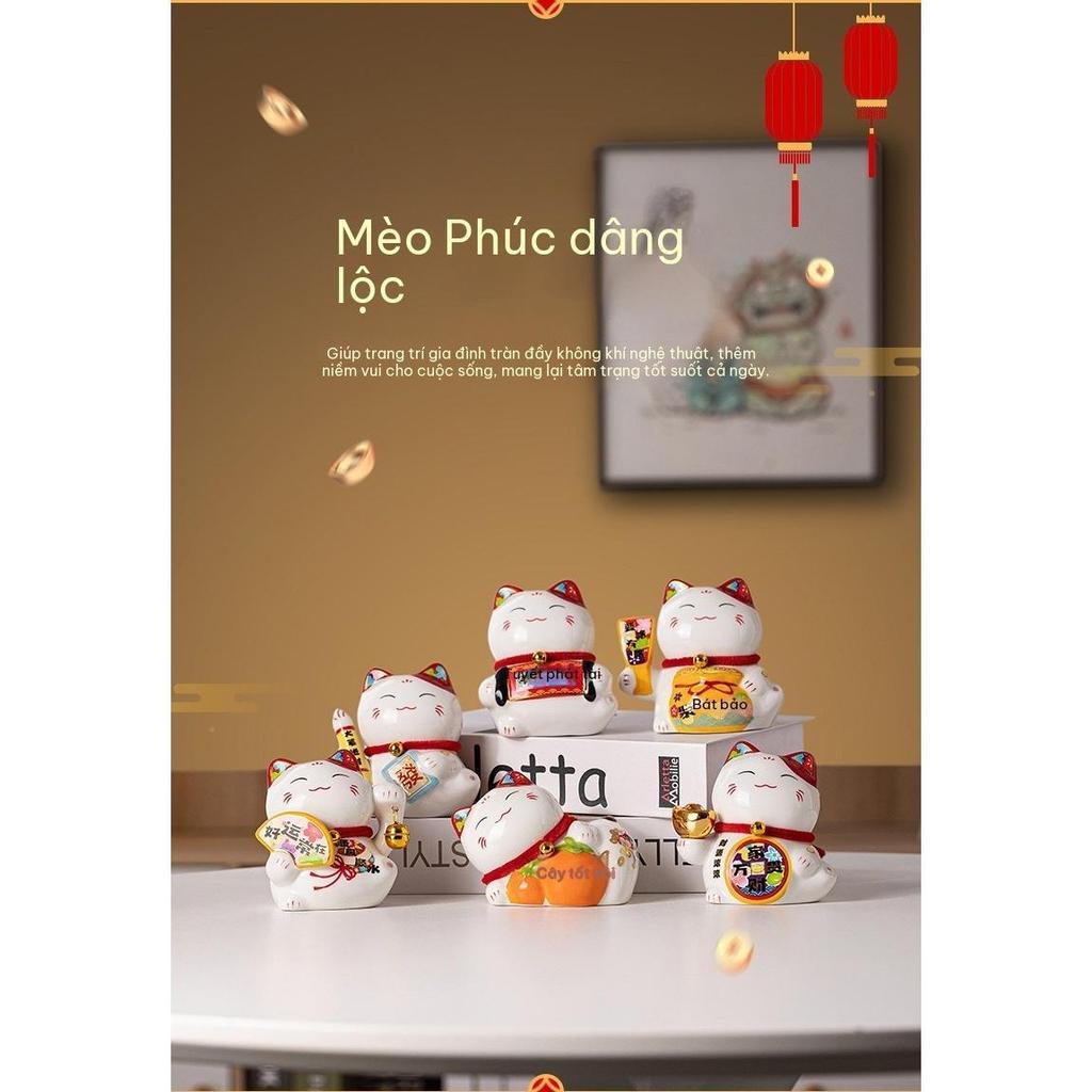Mèo thần tài mini cao 11cm gốm sứ tượng chiêu tài trang trí bàn làm việc quầy thu ngân quà tân gia