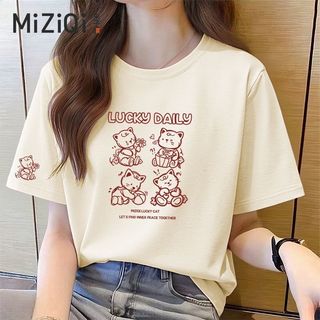 [MIZIQI] Áo thun ngắn tay Cotton nguyên chất dành cho nữ, Áo dáng rộng in hình gấu nguyên bản