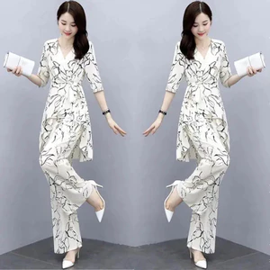 Bộ đồ một mảnh dành cho nữ VN, Áo sơ mi voan thời trang cỡ lớn thanh lịch phong cách mới, vừa vặn dáng rộng, Áo ôm bụng, Quần ống rộng, Bộ đồ hai mảnh, Mùa hè 2023