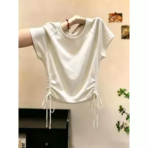Áo thun ngắn tay thiết kế dây rút cỡ lớn phong cách Hàn Quốc dáng rộng mỏng hơn trông thời trang hàng đầu dành cho nữ