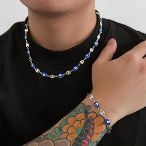 Bộ Vòng Cổ & Vòng Tay Mắt Ác Nam - Dây Đồng Mạ Bạc - Quyến Rũ Mắt Ác Men Xanh - Trang Sức Sang Trọng Hợp Thời Trang - Chiều Dài Có Thể Điều Chỉnh