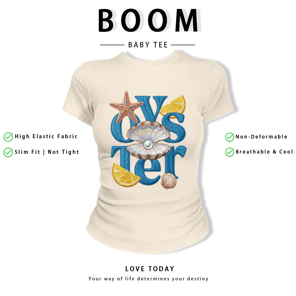 BOOM Áo Baby Tee Nữ Cotton Ôm Body-Áo Thun Ngắn Tay Y2K In Hình PhongCách Mùa Hè, Cổ Tròn Hàng Đầucách hàn quốc phongV63
