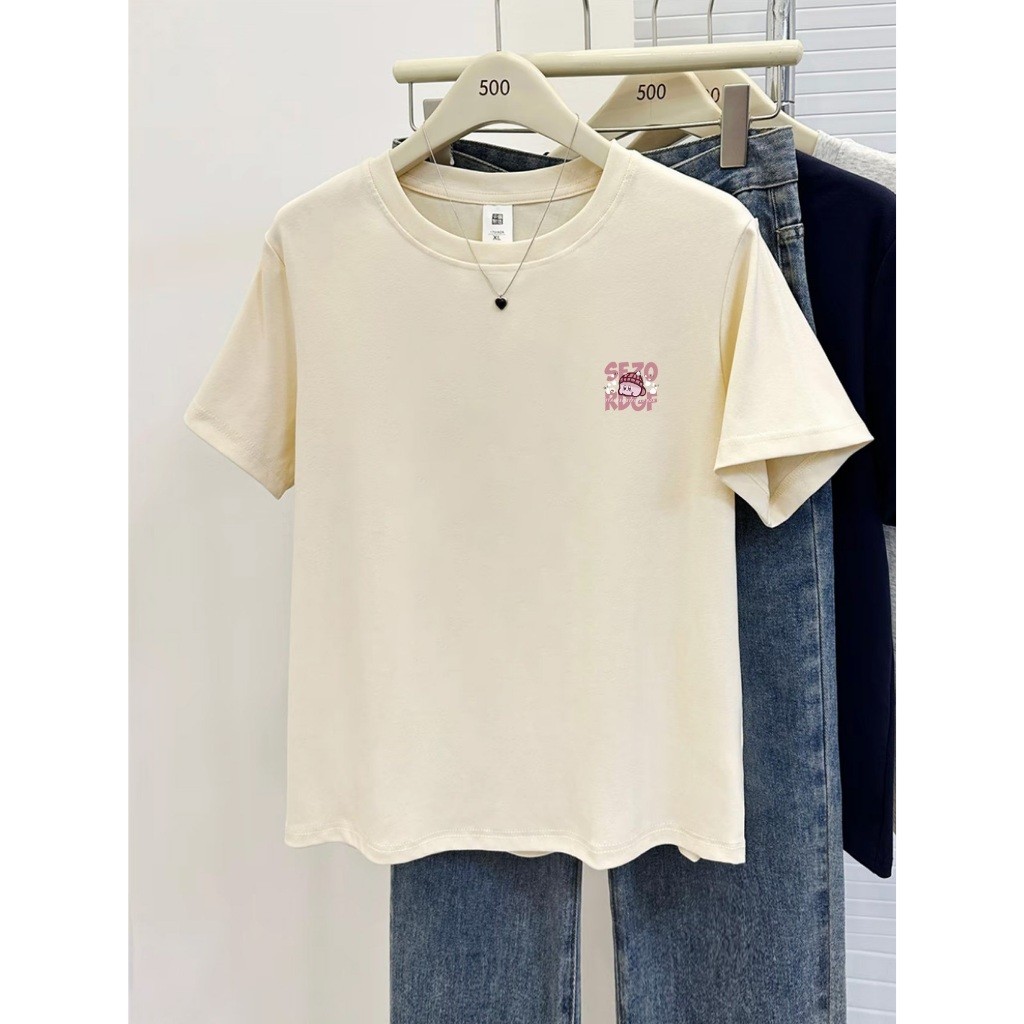 （Giao hàng 24h）Angela Áo thun ngắn tay in chữ cotton dáng rộng Hàn Quốc