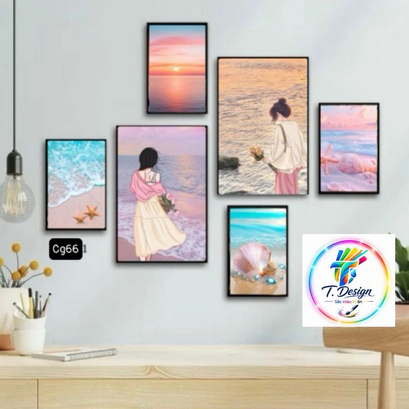 Bộ 6 tranh decor phòng ngủ fomex 5mm, đi kèm băng keo lụa bóng dễ dàng trang trí.