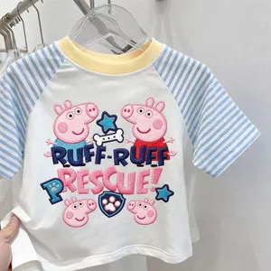 70-140cm Hoạt Hình Dễ Thương Mùa Hè In Trang Áo Thun Tay Ngắn Cho Bé Gái Bé Trai Cotton Sọc Peppa Pig Rời Top