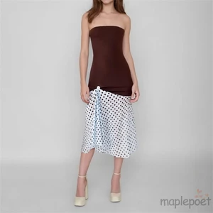 MAPLEPOET-Nữ Đầm Midi quây Slim Off Vai Không Tay In Chấm Chắp Vá Viền Xù Váy Dự Tiệc