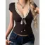 Milyfashion Pure Desire Cổ Chữ V Ren Khâu Màu Sắc Tương Phản Phối Ren Áo Thun Retro Mỏng Hơn Nhìn Ngắn Top Bé tee Ba Lê Phong Cách BQLM