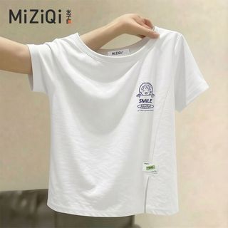 [MIZIQI] Áo thun ngắn tay Cotton nguyên chất nguyên chất dành cho nữ, mùa hè không đều xẻ dáng ôm hơn