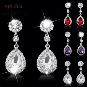 AqToCna Nữ Quyến Rũ Kim Cương Giả Cô Dâu Giọt Nước Bông Tai Cưới Pha Lê Bông Tai AqToCna