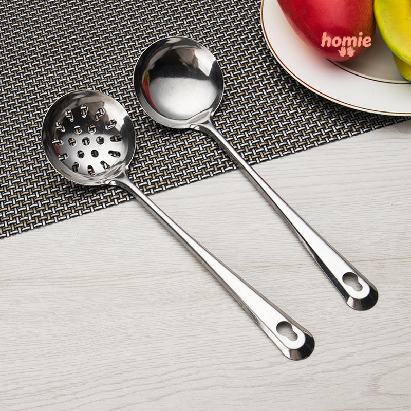 Muỗng múc canh nhà bếp bằng thép không gỉ, muỗng múc canh cán dài dùng trong gia đình, rổ lọc lẩu.