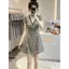Đầm kẻ sọc thời trang phong cách mới mùa hè Phong cách Pháp tay phồng cổ chữ V Váy chữ A dáng rộng hẹp