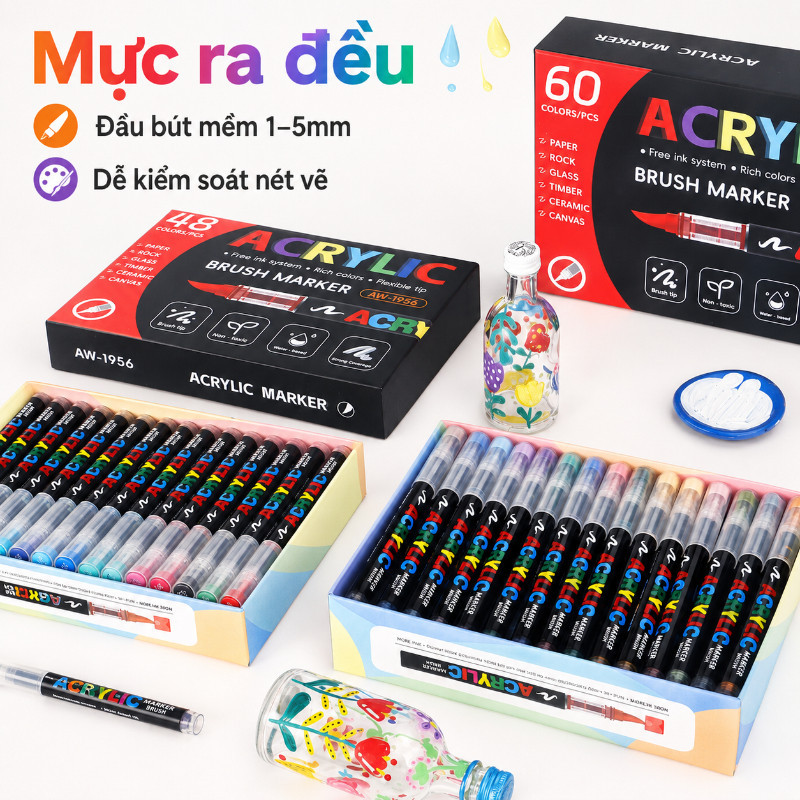 Bút marker acrylic dạng lỏng,12/24/36/48/60 Cây,Mực Lỏng Cho Màu Sắc Rực Rỡ,Bút marker chồng màu được