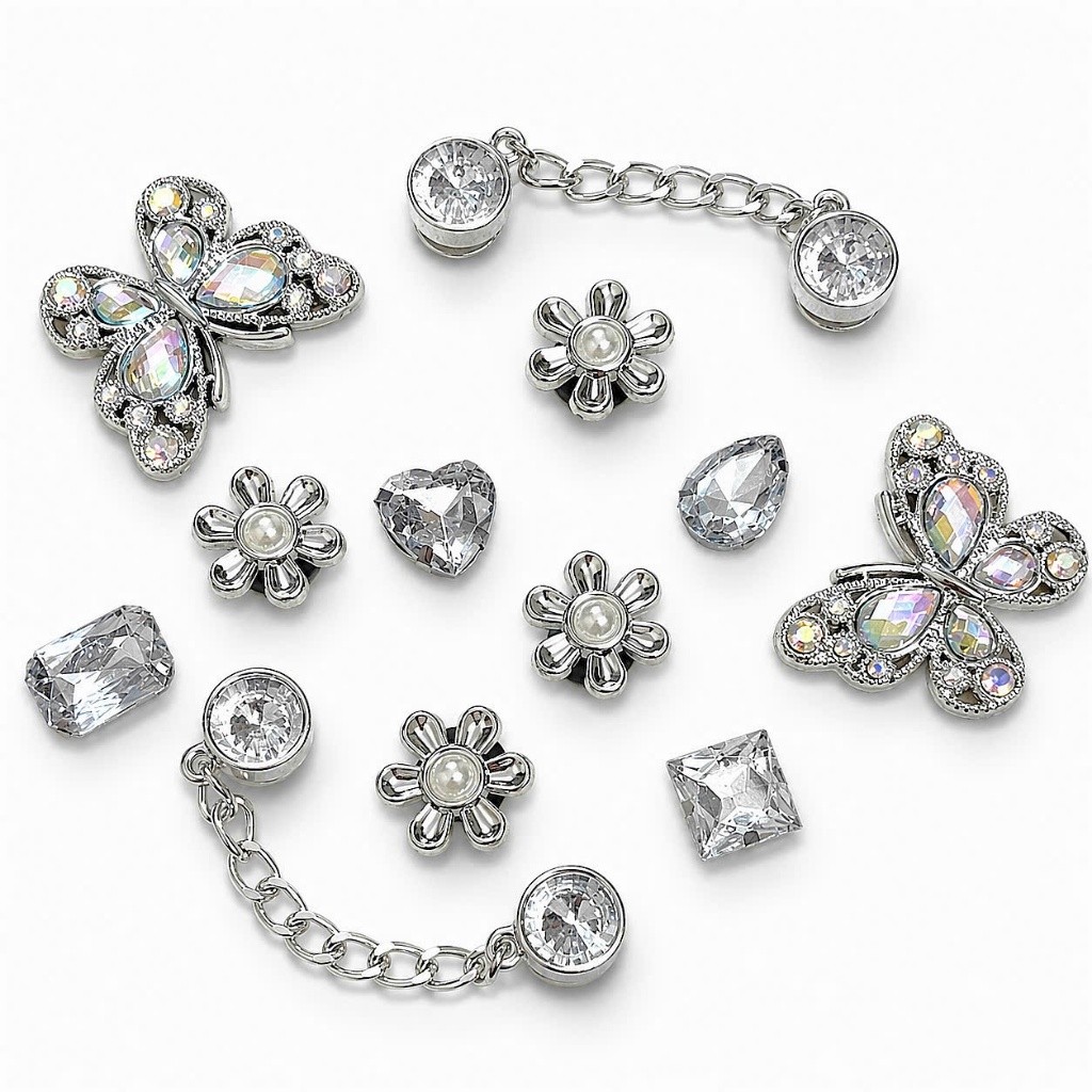 [ĐỘC QUYỀN] Set Charm Bướm Pha Lê Hoa Ngọc Trai Mix Dây Xích Kim Cương Bạc Ánh Sang Trọng ✨🦋🌼🤍