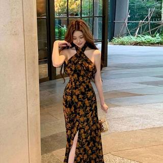 [Hàng mới về] [Sẵn sàng] Đầm dây phong cách ngày lễ cổ điển dành cho nữ Mùa hè Váy hông xẻ tà hoa kiểu Pháp