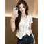 Thiết kế chấm bi cổ tròn tay ngắn mùa hè 2026 Phong cách mới Ngọt ngào Slim-fit Slimmer Look Ngắn thời trang Áo eo hẹp