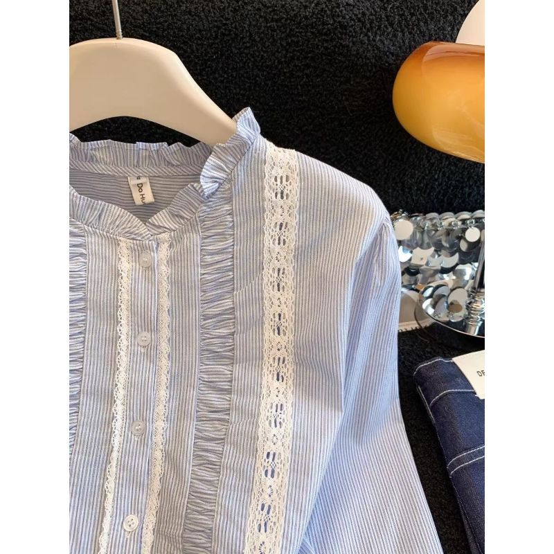 [Hàng mới về] Áo sơ mi dài tay sọc phong cách Preppy ngọt ngào Áo sơ mi dáng rộng giảm tuổi một viền sang trọng