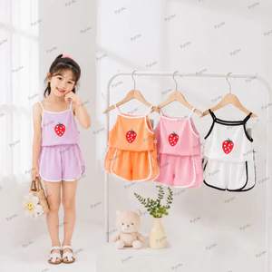 Bộ quần áo trẻ mới biết đi PYCOU, Áo Cotton mềm + Quần short Bộ 2 món, Bộ đồ ngủ không tay in hình dâu tây thông thường 1-3 tuổi