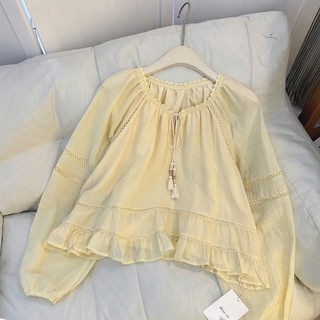 Áo Kiểu Babydoll Nữ Tay Dài Tay Phồng Cổ V Rút Dây Phối Ren Bèo Nhún Form Rộng Hàn Quốc