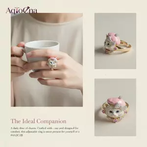 AqToCna Cao Cấp Vương Miện Nơ Men Động Vật Nhẫn 3D Chó Con Mèo Con Phong Cách Lý Tưởng Cho Nữ Trang Sức Quà AqToCna