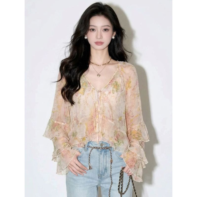 [Khuyến mãi trong thời gian có hạn] Phong cách Hàn Quốc Voan cổ chữ V Xù dài tay Top mỏng Phong cách thoải mái thoáng khí