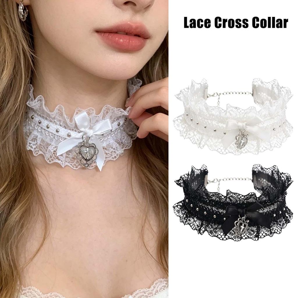 Retro Ren Nơ Trái Tim Đeo Chéo Vòng Cổ - Nữ Handmade Dây Thắt Nút Cổ Trang Sức - Mặt Dây Chuyền Trái Tim Đào Ngọt Ngào Phong Cách Gothic