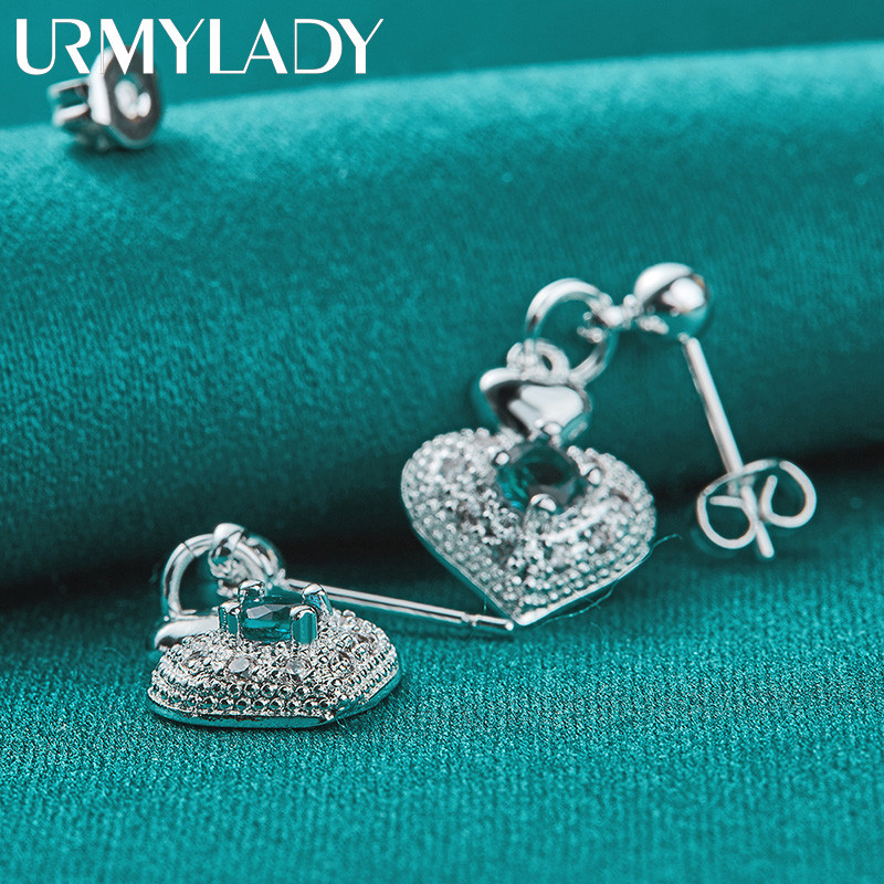 URMYLADY Bạc 925 Trái Tim Zircon Bông Tai Dành Cho Nữ Tiệc Cưới Thời Trang Quyến Rũ Trang Sức