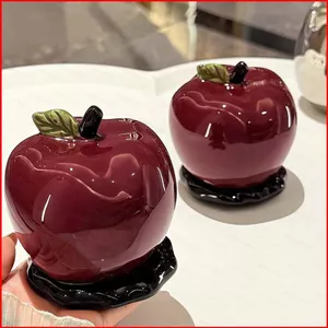 ST2 2 Bộ Gốm Bóng Đỏ Táo Tượng Có Đế Nhà Để Bàn Trang Trí Thực Tế Điêu Khắc Trái Cây TS2