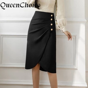 Phụ Nữ Màu Đen Chắc Chắn Bút Chì Chia Váy Nữ Cao Cấp Công Sở Mặc Bodycon Midi Váy