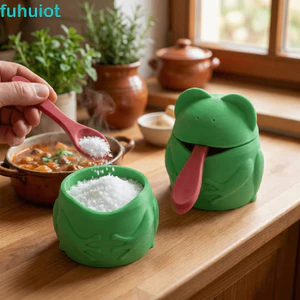 Lọ đựng gia vị nắp ếch FUHUIOT, Hộp đựng gia vị bằng nhựa in 3D, Trang trí sáng tạo có nắp và thìa Hộp đựng muối ếch cho nhà bếp