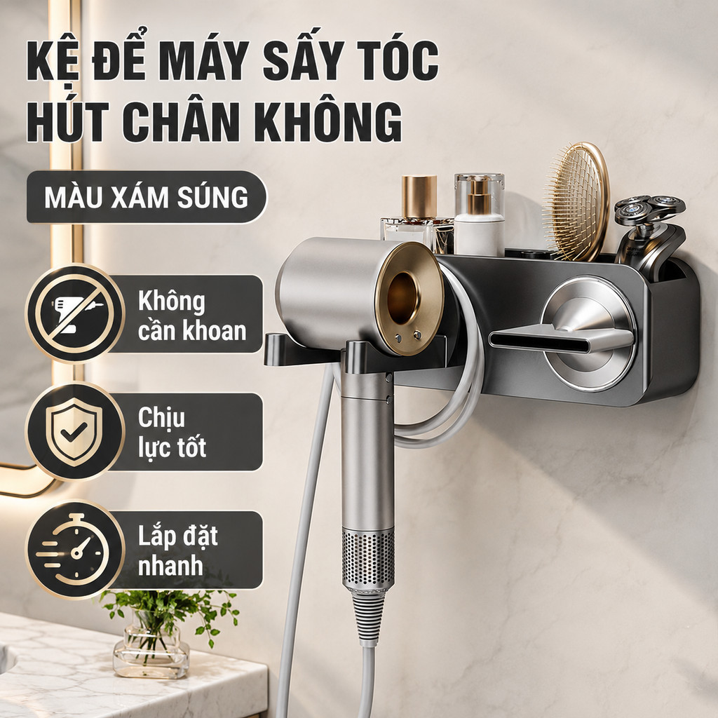 Giá Đỡ Máy Sấy Tóc Treo Tường – Nhôm Hàng Không ABS, Dán Tường, Có Khe Móc Dây Điện & Ngăn Đựng Đồ