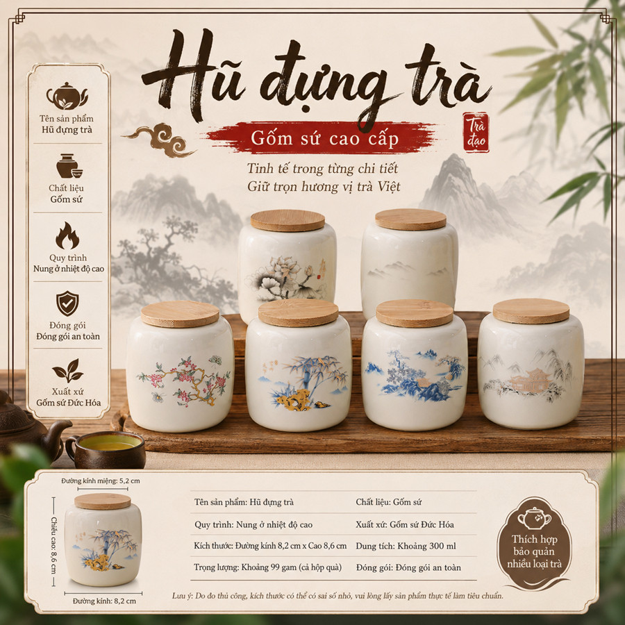 HŨ ĐỰNG TRÀ BẰNG GỐM SỨ CAO CẤP NẮP TRE TỰ NHIÊN – BẢO QUẢN TRÀ HIỆU QUẢ, TÔN VINH KHÔNG GIAN TRÀ ĐẠO