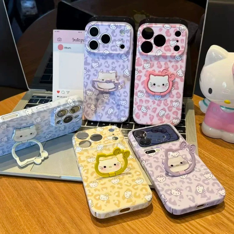 Ốp lưng iPhone Sweet Cool họa tiết da báo Hello Kitty có giá đỡ điện thoại IP - 11/12/13/14/15/16/17/Plus/Air/Pro/Max