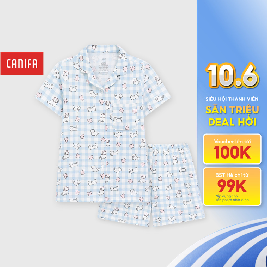 Bộ pyjama bé gái CANIFA ngắn tay cổ bẻ có hình in 1LS26S007