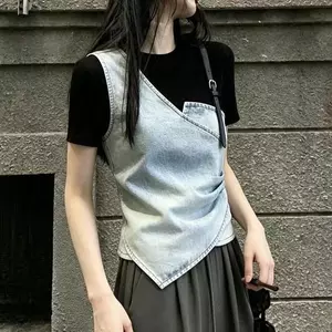 Áo thun ngắn tay giả hai mảnh dành cho nữ Thiết kế váy mùa hè Niche Áo khí chất thời trang (Không phải Denim)