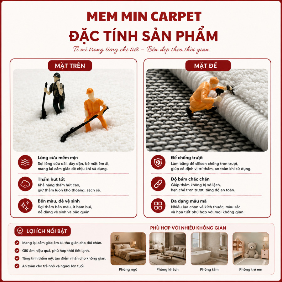 (TH117) Thảm chân lông cừu với họa tiết 3D đa dạng, mật độ lông dày và độ bền cao Memmin Carpet
