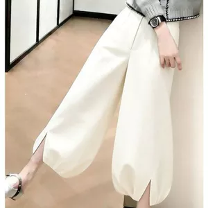 Quần nở hoa lưng cao màu trắng mùa hè Phong cách mới phù hợp với mọi phong cách dáng rộng dáng rộng Quần dài đến mắt cá chân Bud dành cho nữ