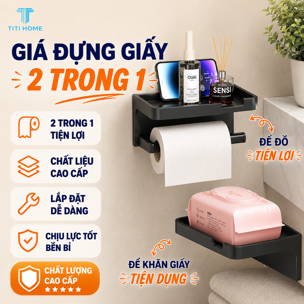 Kệ Để Giấy Vệ Sinh Gắn Tường Sang Trọng Thông Minh – Có Kệ Đặt Đồ, Dán Tường Không Khoan, Chống Nước