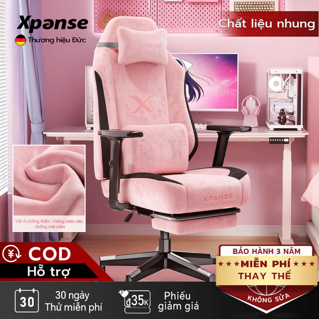 Ghế gaming Xpanse X34 Nhung mềm chống nước , Đệm rộng êm như mây không cánh bên | ghế công thái học | ghế tựa lưng | ghế làm việc
