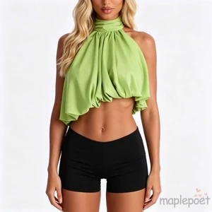 MAPLEPOET-Nữ Dây Cổ Áo Không Tay Màu Trơn Mùa Hè Bất Đối Xứng Bong Bóng Viền Crop Vest