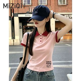 [MIZIQI] Áo thun ngắn tay cổ Polo phong cách Hàn Quốc dành cho nữ, Áo ngắn màu tương phản mùa hè
